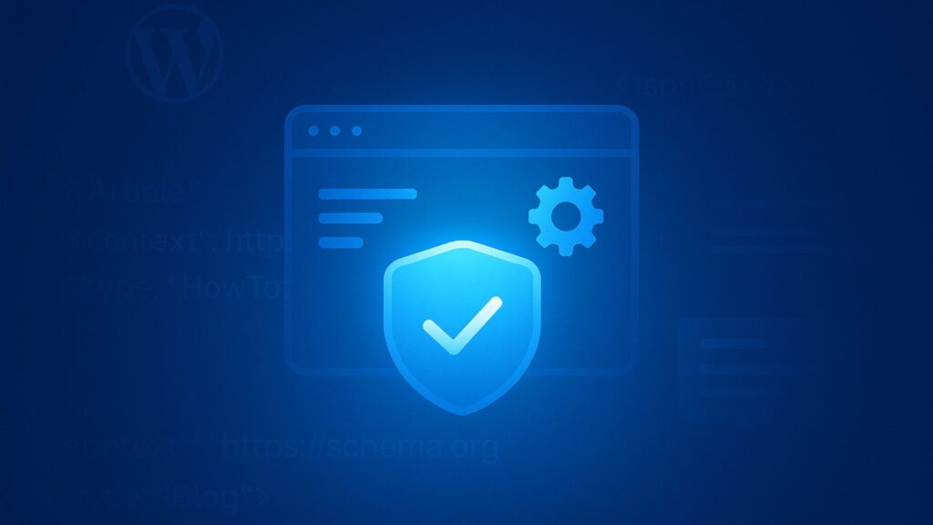 Blue Gradient Software Window with Shield, Gear, and WordPress Logo